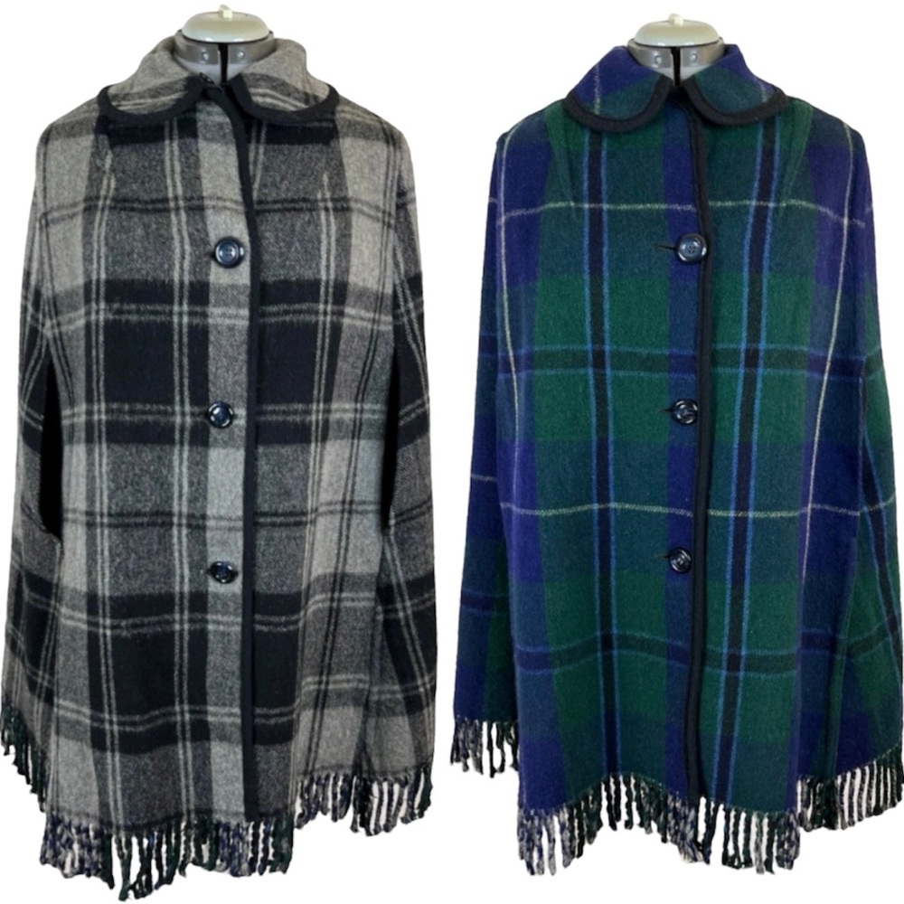 Vintage 1970s Reversible Plaid Tartan Cape Cloak Jacket Coat One Size S M L XL
